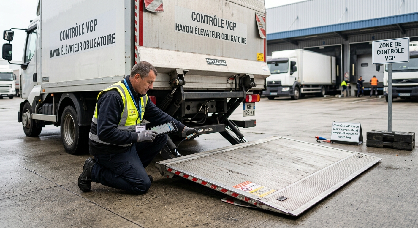 Technicien effectuant un contrôle VGP sur un hayon élévateur de camion