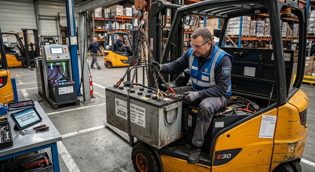 Technicien effectuant le remplacement d'une batterie de chariot élévateur industriel