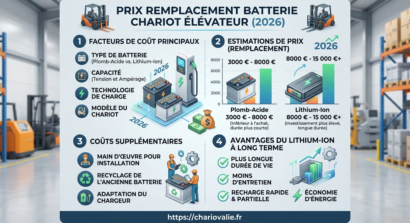 Infographie détaillant le prix remplacement batterie chariot et son processus