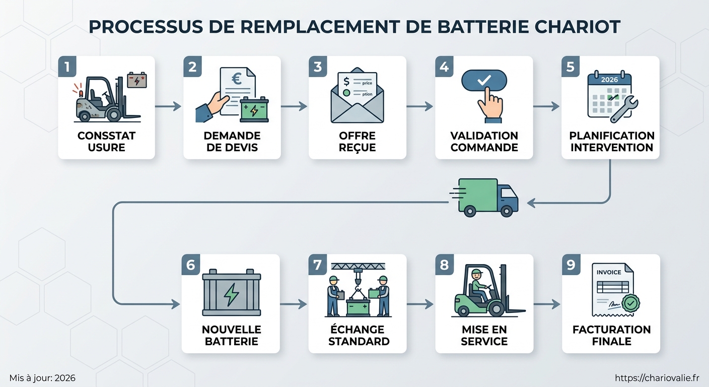 Étapes du processus de remplacement batterie chariot par un technicien