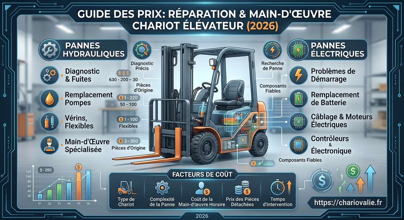 Schéma 4 étapes diagnostic et tarifs 2026 réparation panne hydraulique électrique