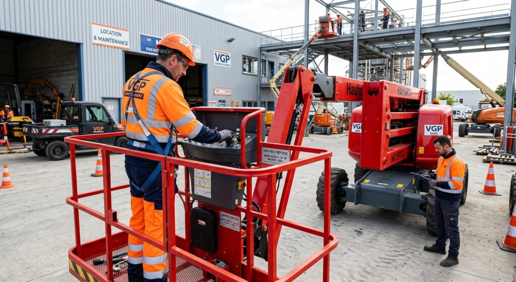 Technicien effectuant le contrôle périodique VGP sur une nacelle élévatrice