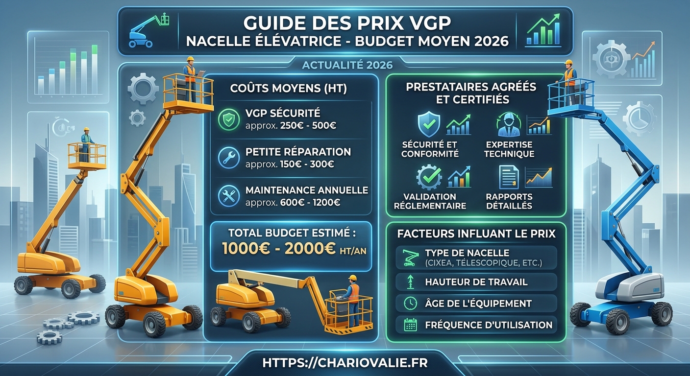 Infographie processus et budget moyen prix VGP nacelle élévatrice 2026