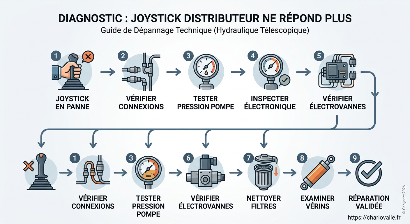 Processus de résolution d'une panne de joystick de distributeur télescopique