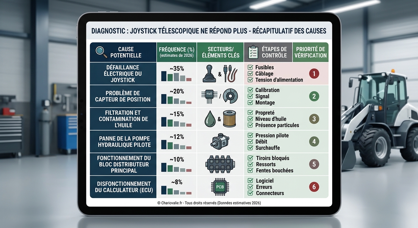 Tableau de diagnostic problème distributeur hydraulique télescopique joystick