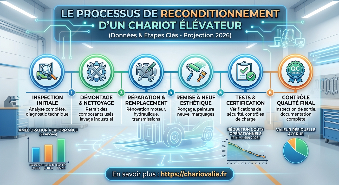 Graphique des 5 phases clés du reconditionnement chariot élévateur et réduction de 40% des coûts