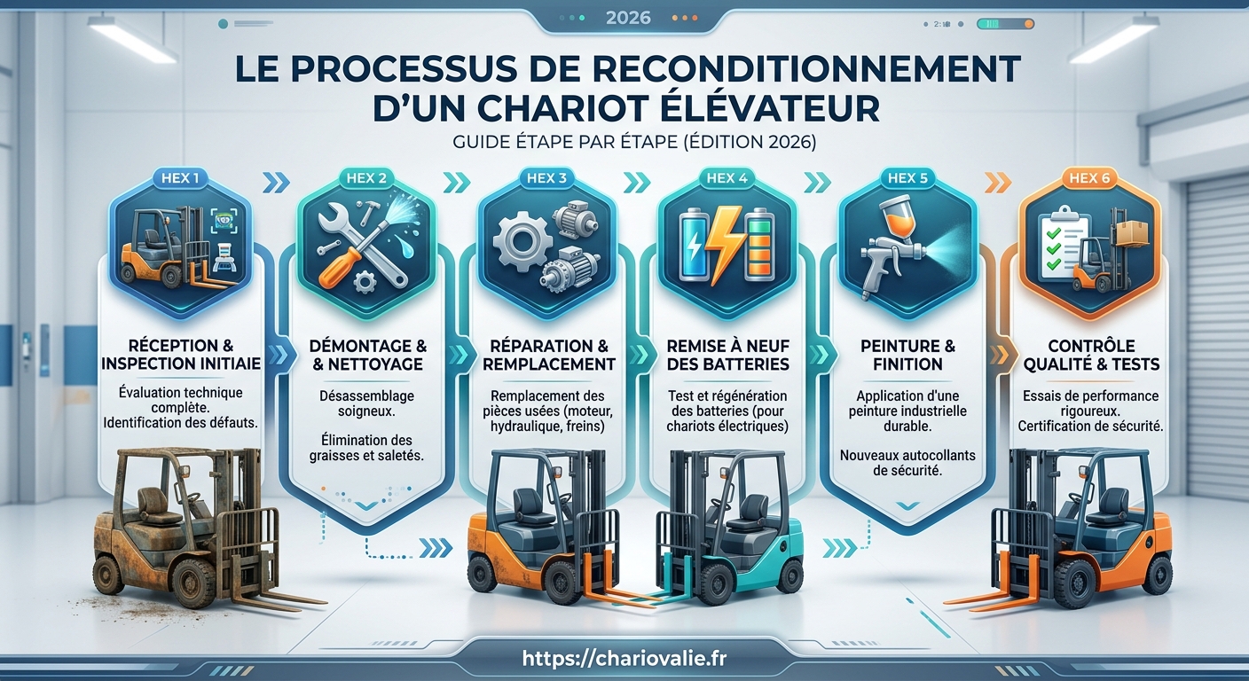 Infographie des 6 étapes du processus de reconditionnement d'un chariot élévateur