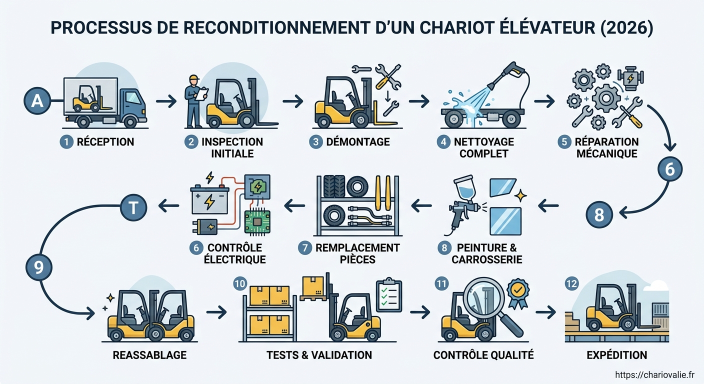 Schéma du processus de démontage et remise à neuf des pièces mécaniques d'un chariot élévateur