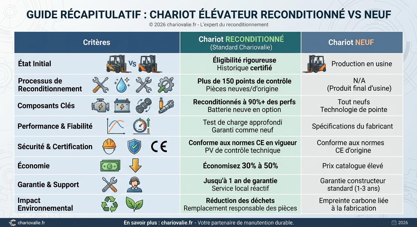 Tableau comparatif des critères de remise à neuf et tests de conformité du reconditionnement chariot élévateur