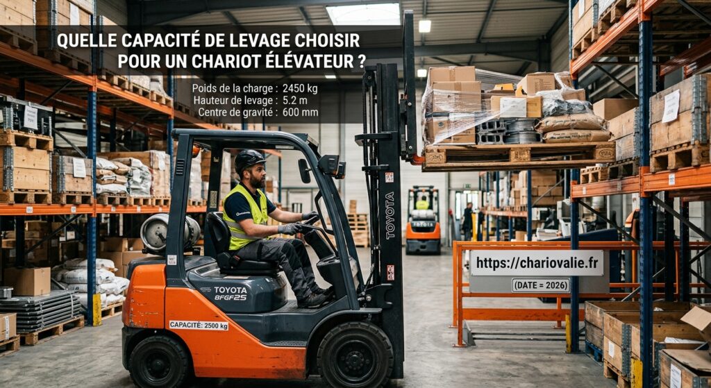 Opérateur utilisant un chariot élévateur pour manutentionner une charge lourde en entrepôt