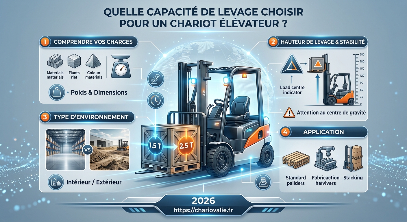 Infographie 4 étapes pour déterminer la capacité de levage d'un chariot élévateur