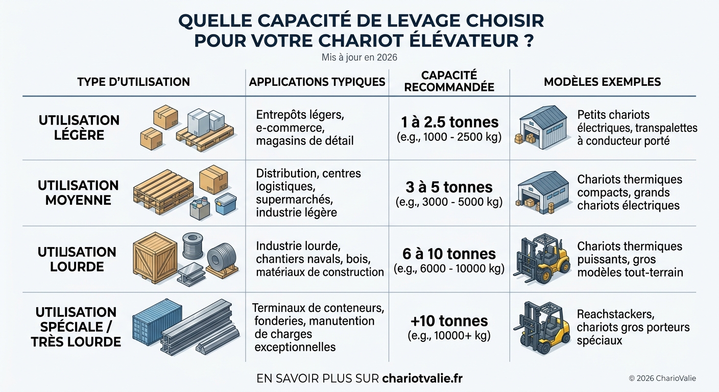 Tableau capacité de levage 1,5t à 10t chariot élévateur selon l'usage