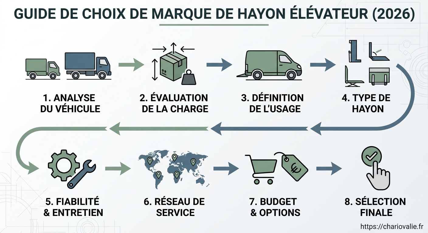 Schéma de processus étapes pour choisir un hayon élévateur et valider les normes