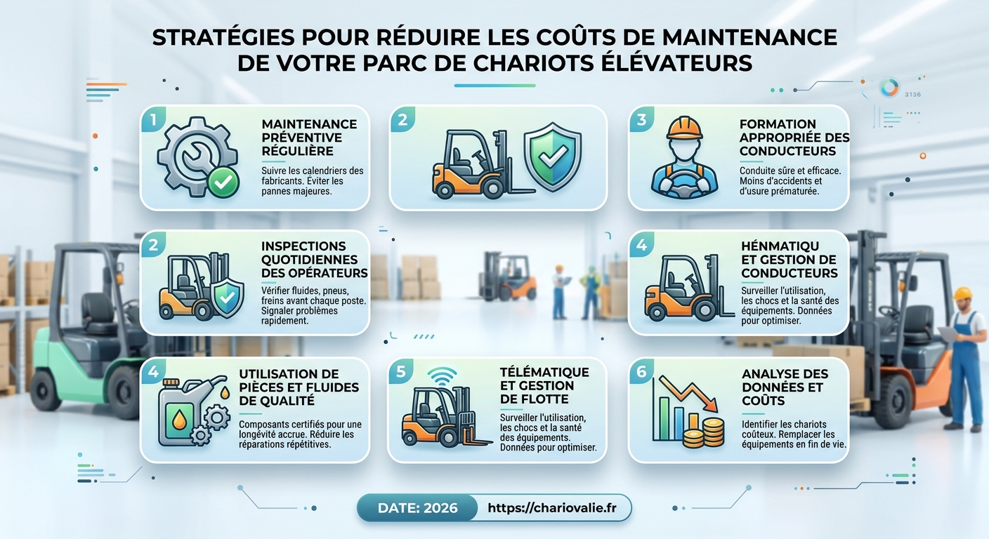 Schéma en 5 étapes des leviers de réduction des coûts de maintenance des chariots élévateurs