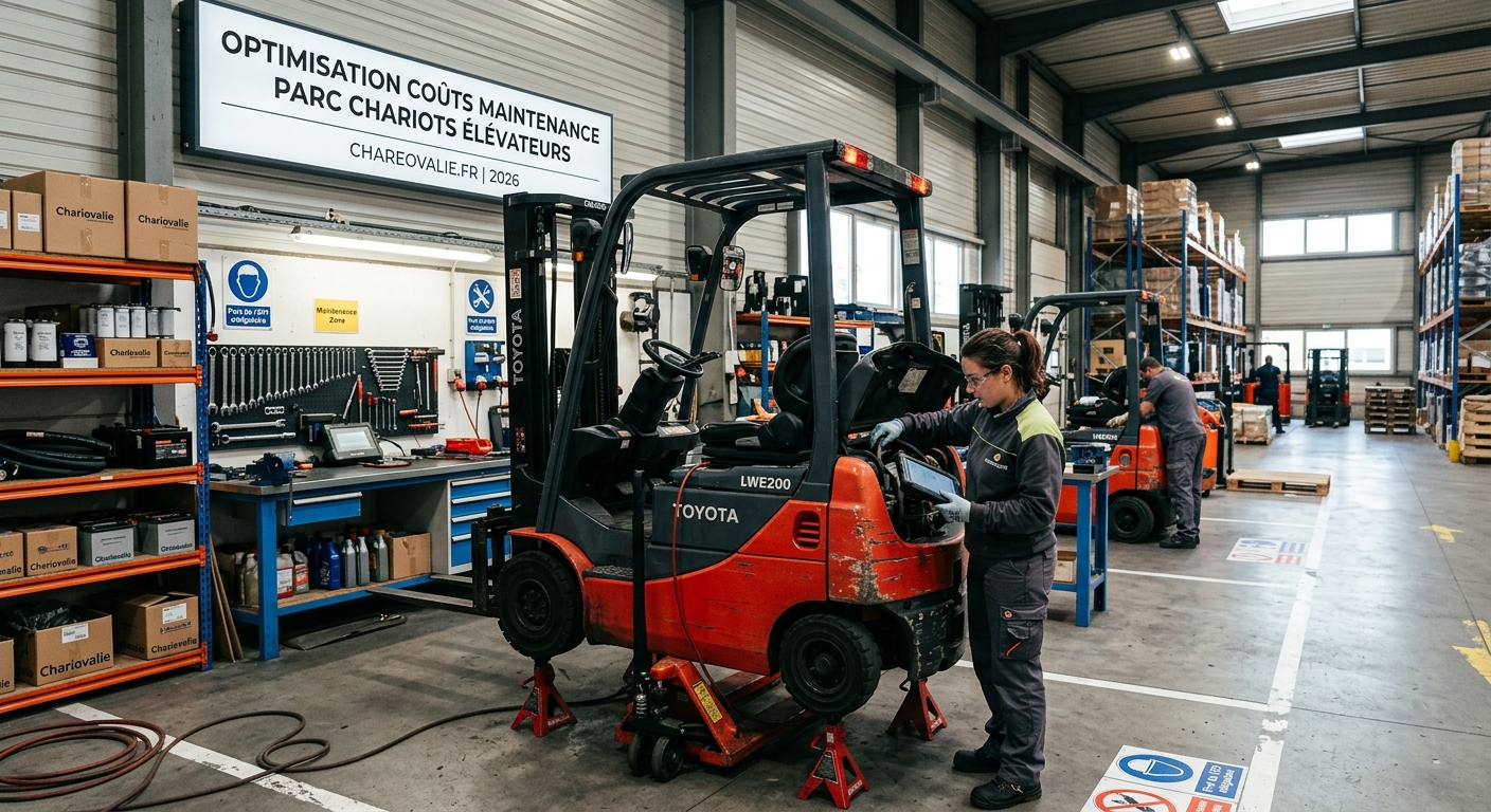Technicien effectuant la maintenance préventive d'un chariot élévateur en entrepôt