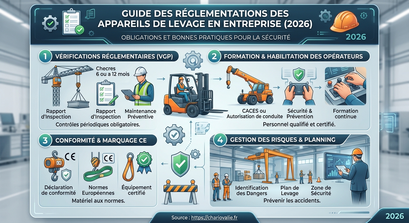 Infographie des 5 étapes de la réglementation des appareils de levage en entreprise en 2026