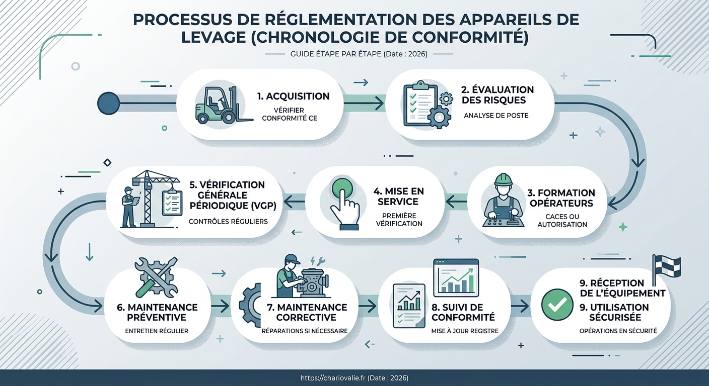 Schéma du processus de mise en service et registre de sécurité des appareils de levage