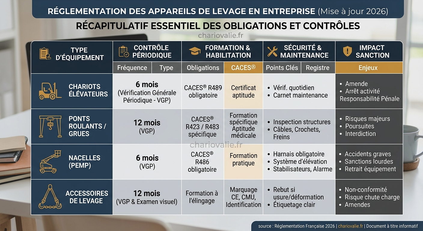 Tableau de synthèse des VGP et normes de sécurité obligatoires par appareil de levage