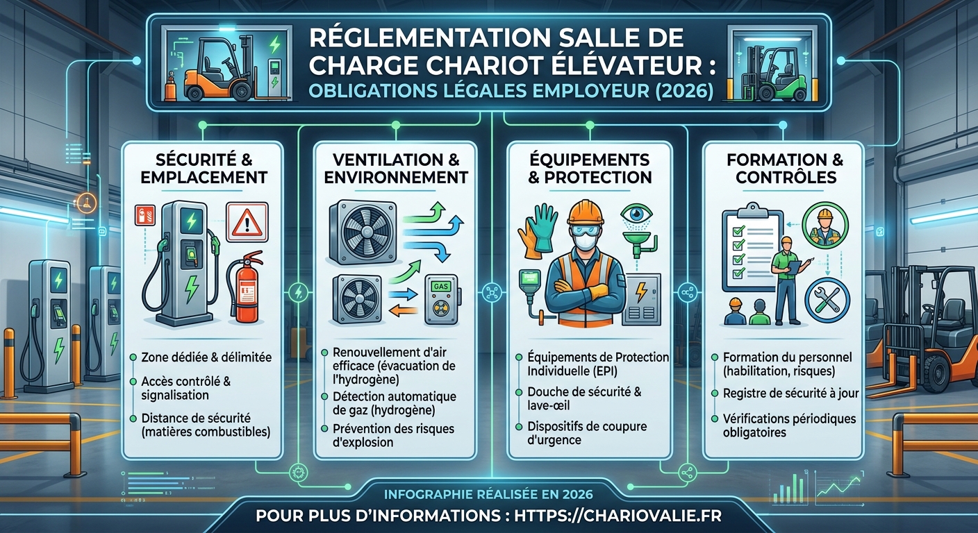 Réglementation salle de charge chariots : obligations 3 Obligations légales 2026 salle de charge chariot élévateur : schéma décisionnel