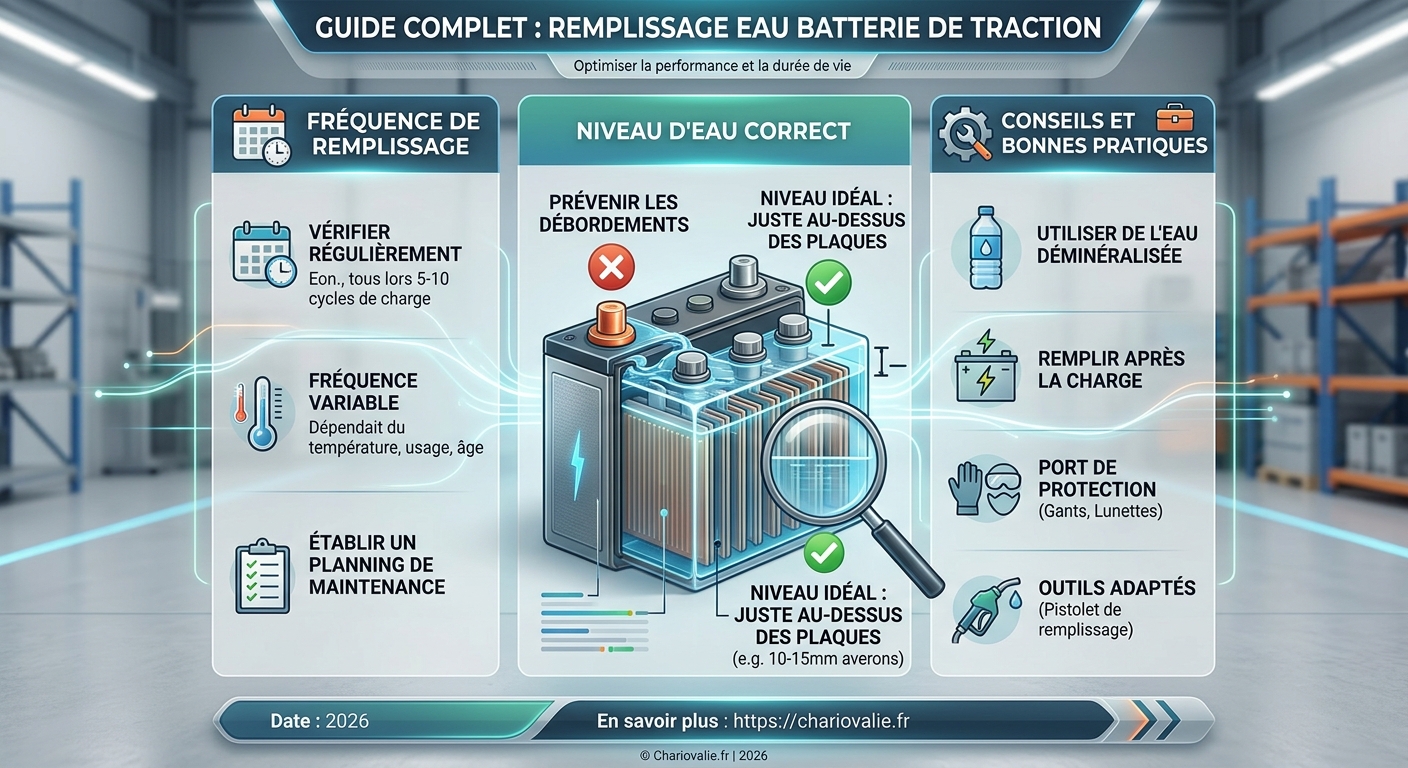 Schéma remplissage eau batterie traction fréquence niveau correct et sécurité