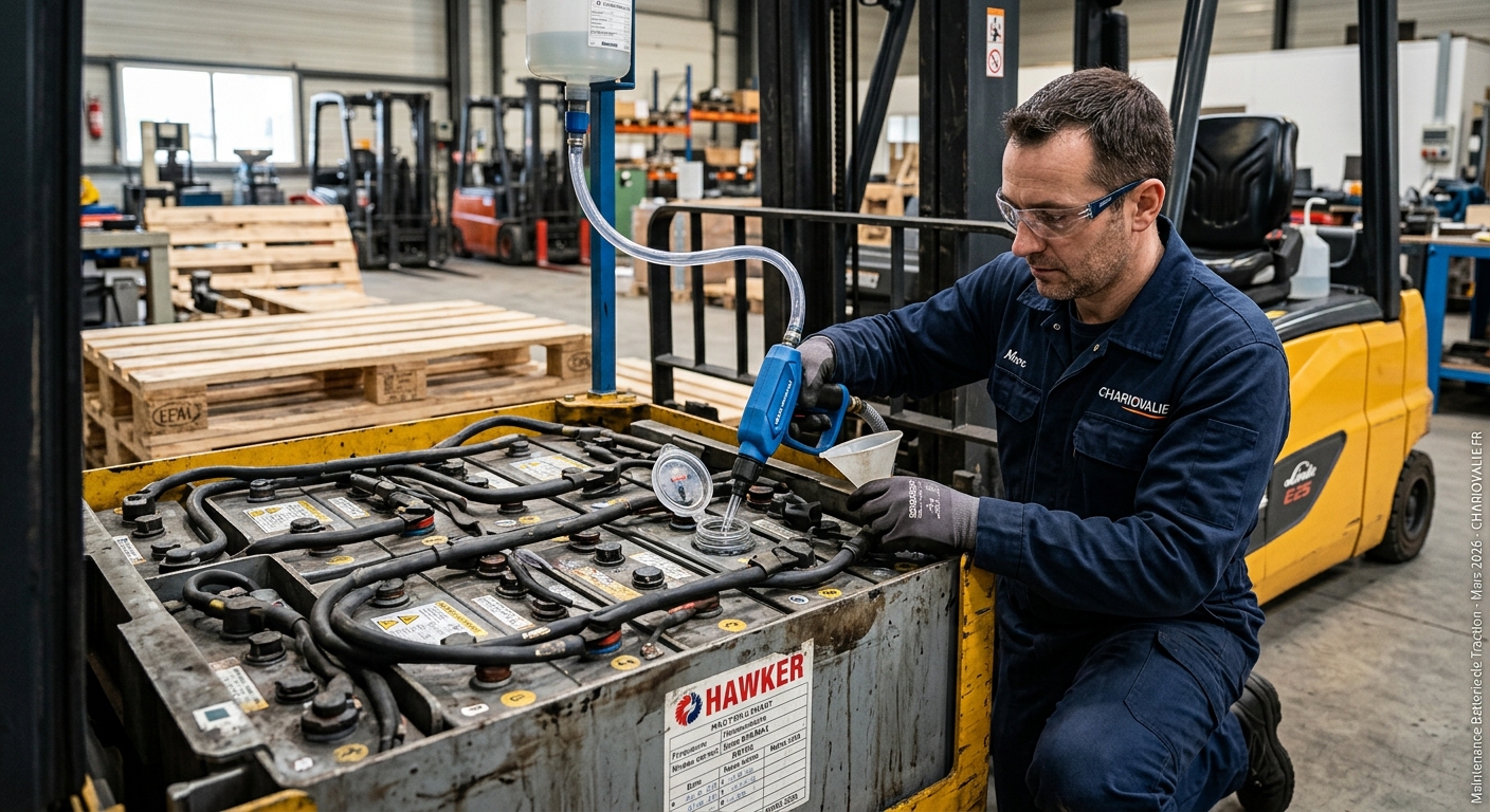 Opération de remplissage en eau distillée d'une batterie de traction industrielle
