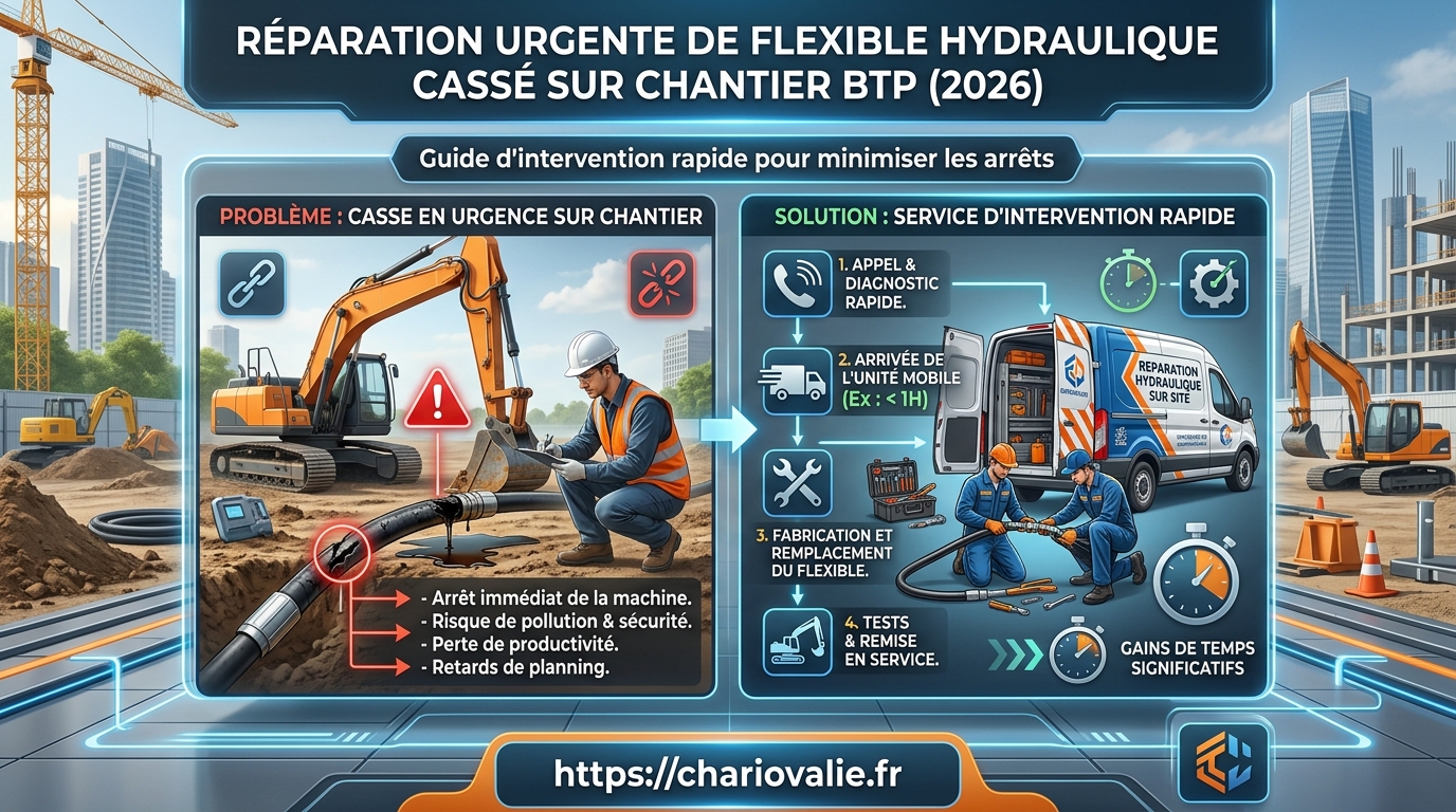 Infographie processus réparation urgente flexible hydraulique chantier BTP