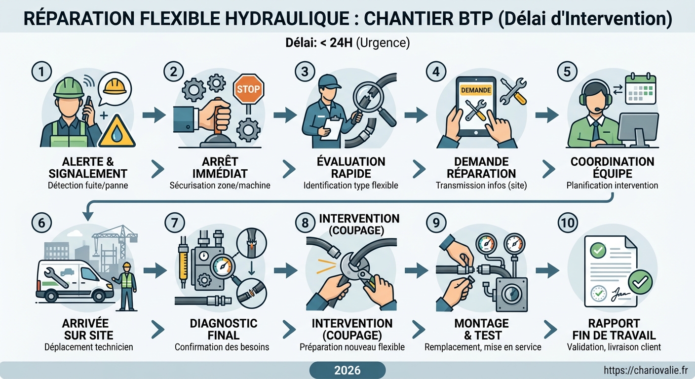 Test de pression flexible hydraulique lors de la remise en service sur chantier BTP