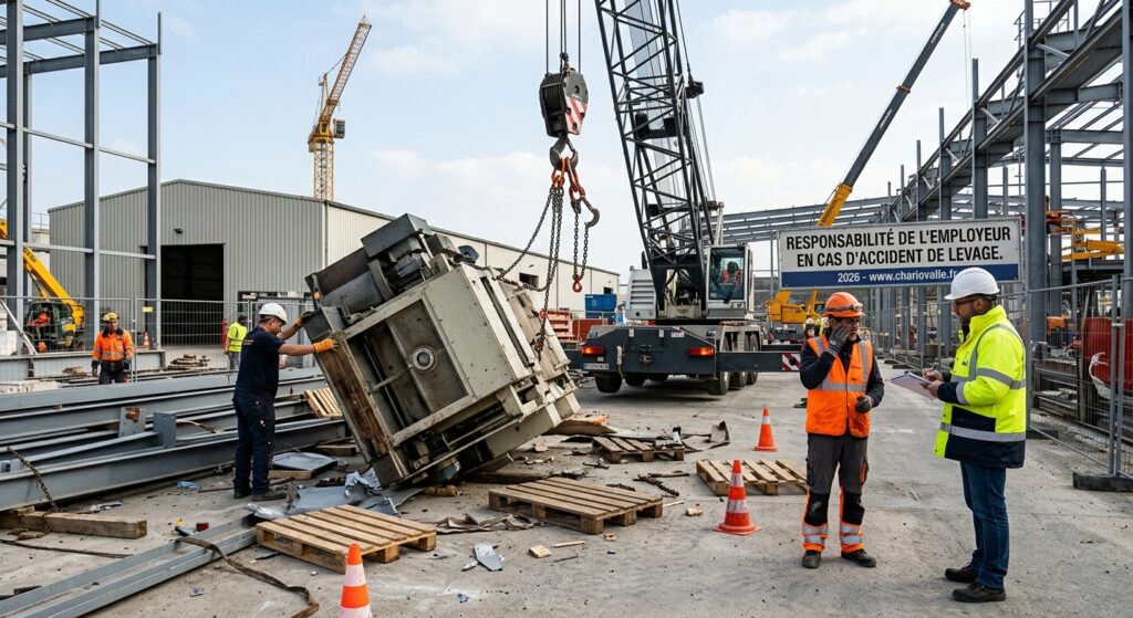 Responsabilité de l'employeur en cas d'accident de levage 7 Opérateur effectuant une opération de levage sécurisée sur un chantier industriel