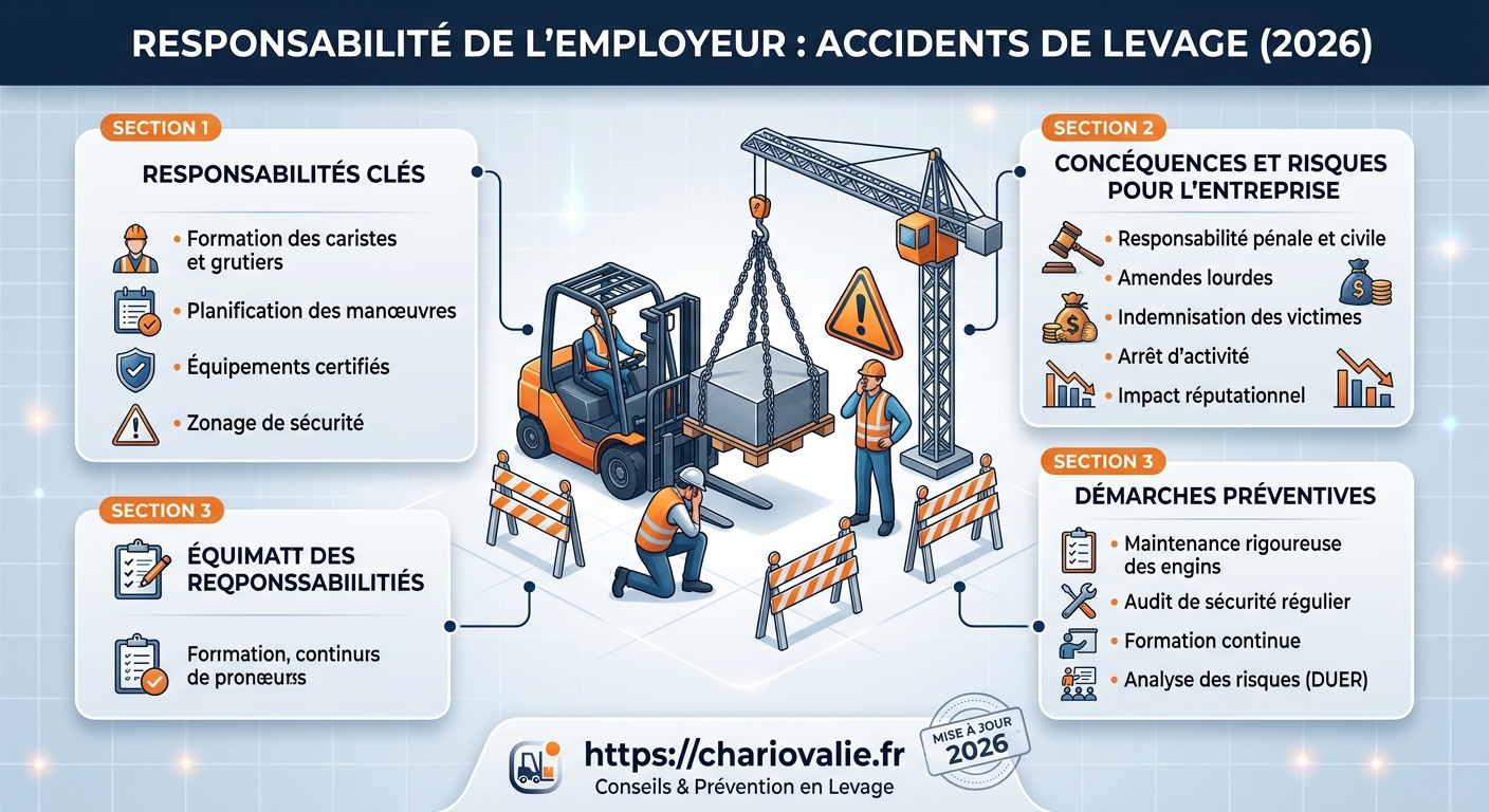 Schéma récapitulatif des étapes de la responsabilité employeur accident de levage en 2026