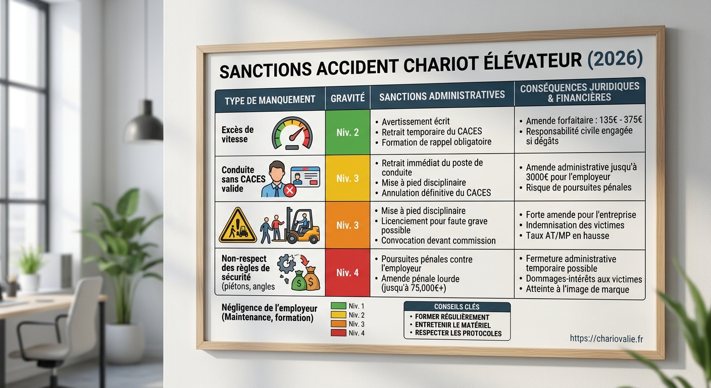 Tableau des sanctions juridiques et disciplinaires pour accident de chariot élévateur