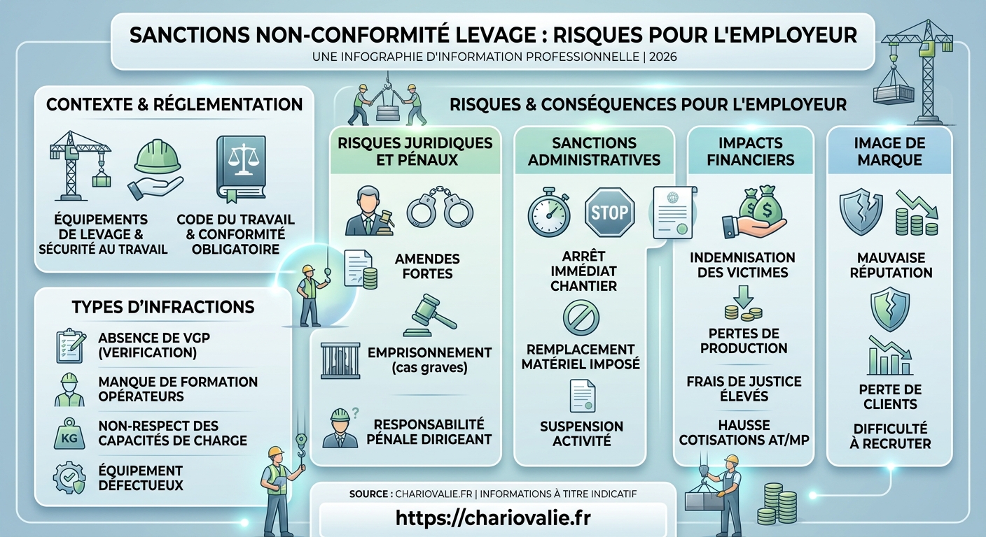 Sanctions levage non conforme : risques pour l'employeur 3 Infographie des sanctions juridiques et financières non-conformité levage pour l'employeur