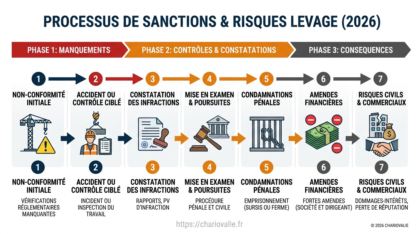 Sanctions levage non conforme : risques pour l'employeur 5 Schéma de processus de sécurisation des engins de levage contre les sanctions employeur