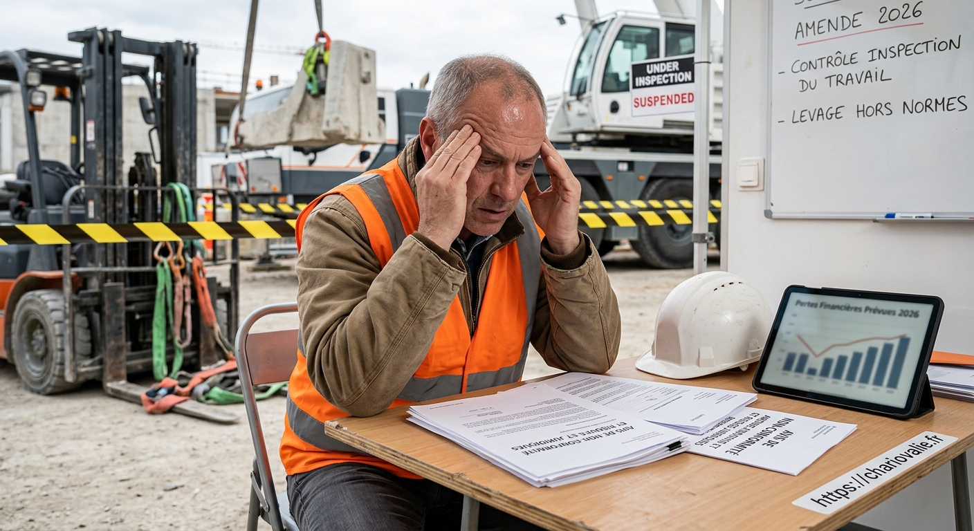 Sanctions levage non conforme : risques pour l'employeur 2 Contrôleur vérifiant la conformité d'un équipement de levage face aux sanctions