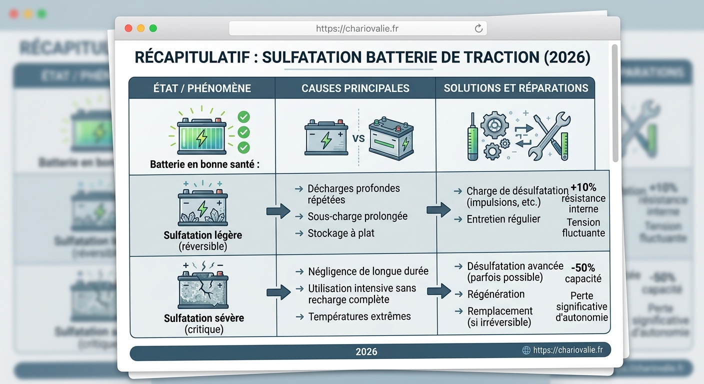Tableau des causes de sulfatation d'une batterie de traction et solutions préventives