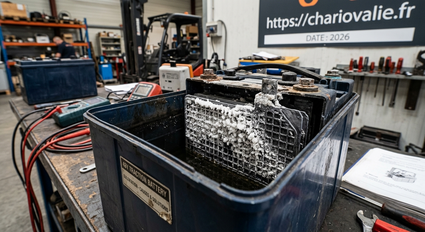 Cristaux de sulfate de plomb sur les plaques d'une batterie de traction usagée
