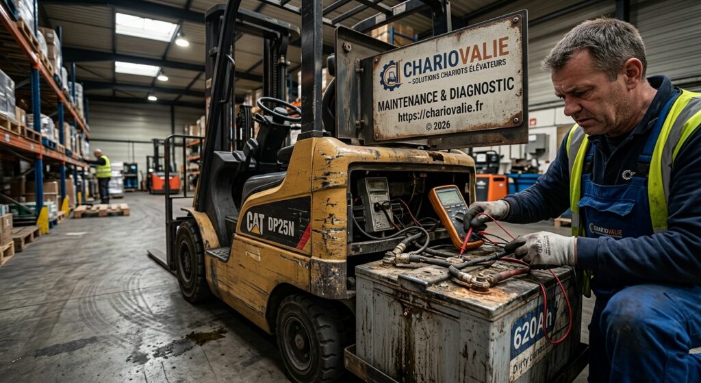 Tableau de bord de chariot élévateur indiquant une décharge de batterie rapide
