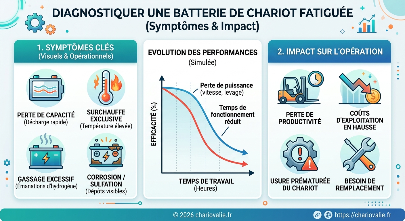 Batterie chariot fatiguée : 5 symptômes de fin de vie 4 Graphique du déclin de la tension d'une batterie chariot fatiguée selon les cycles