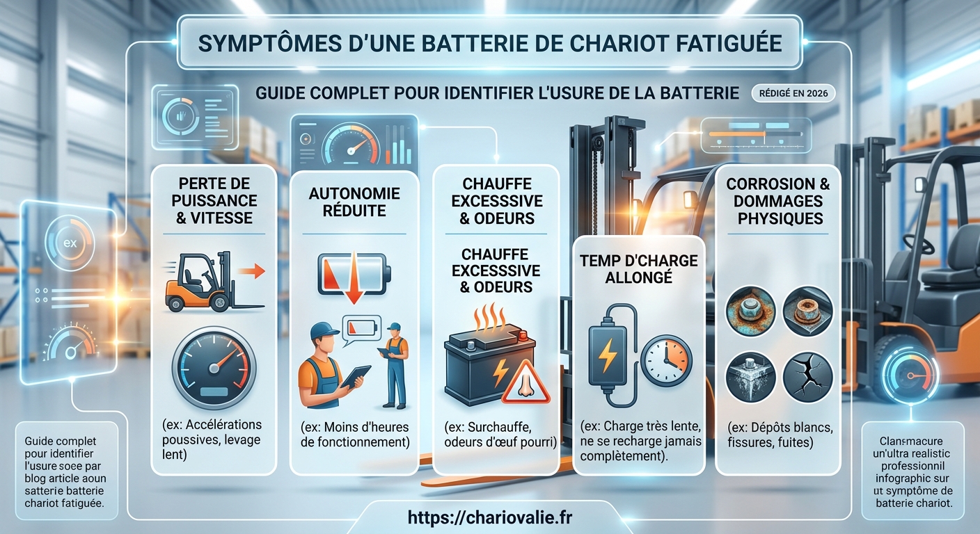 Batterie chariot fatiguée : 5 symptômes de fin de vie 3 Schéma diagnostique en 5 étapes pour identifier une batterie de chariot élévateur fatiguée