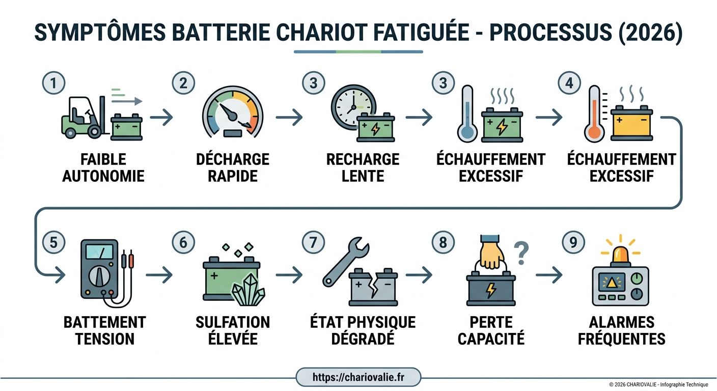 Batterie chariot fatiguée : 5 symptômes de fin de vie 6 Schéma de processus de diagnostic d'une batterie chariot fatiguée