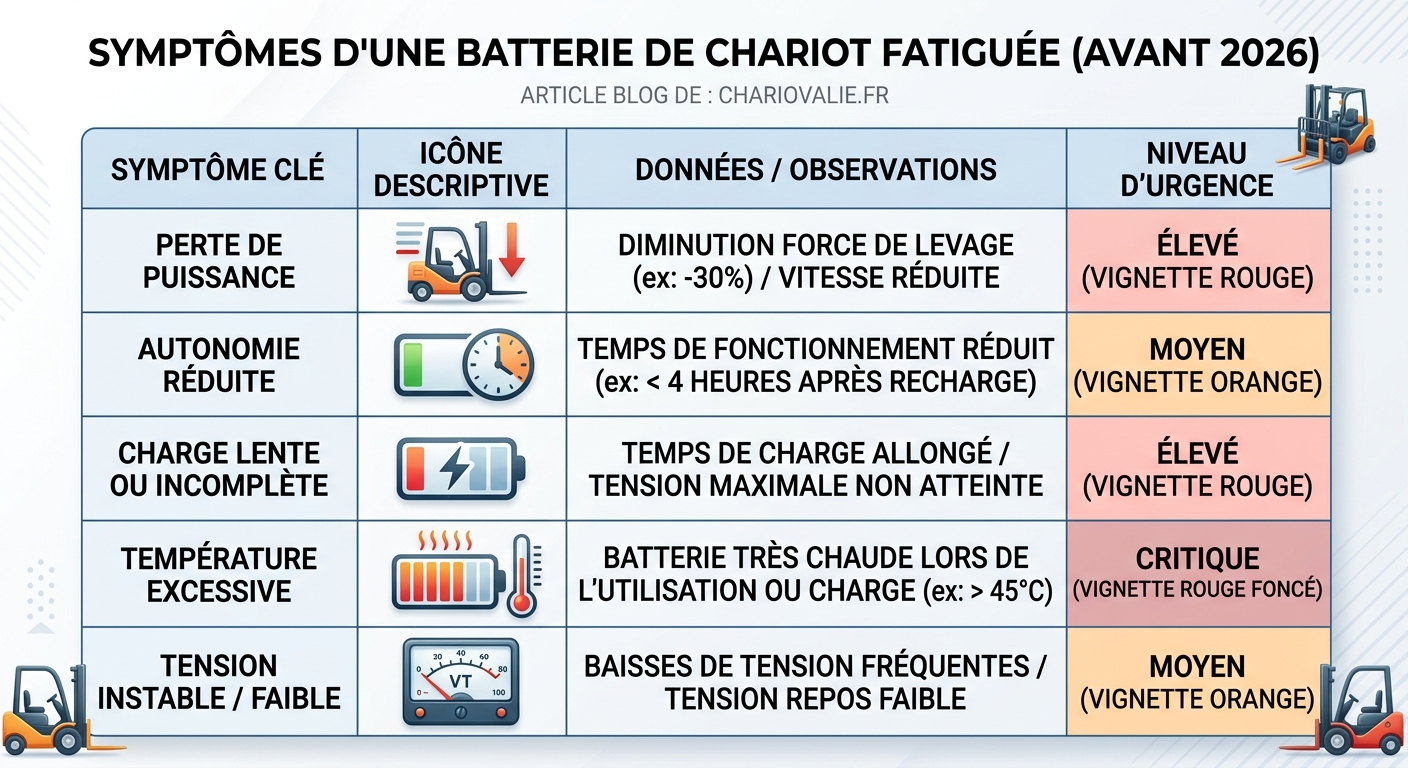 Batterie chariot fatiguée : 5 symptômes de fin de vie 5 Tableau comparatif des symptômes de fin de vie d'une batterie chariot fatiguée
