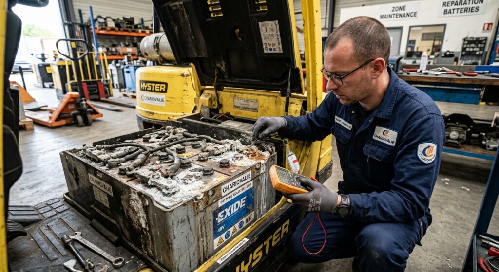 Symptômes batterie sulfatée en manutention : les détecter 9 Accumulation de cristaux de sulfate de plomb sur les plaques d'une batterie de chariot élévateur