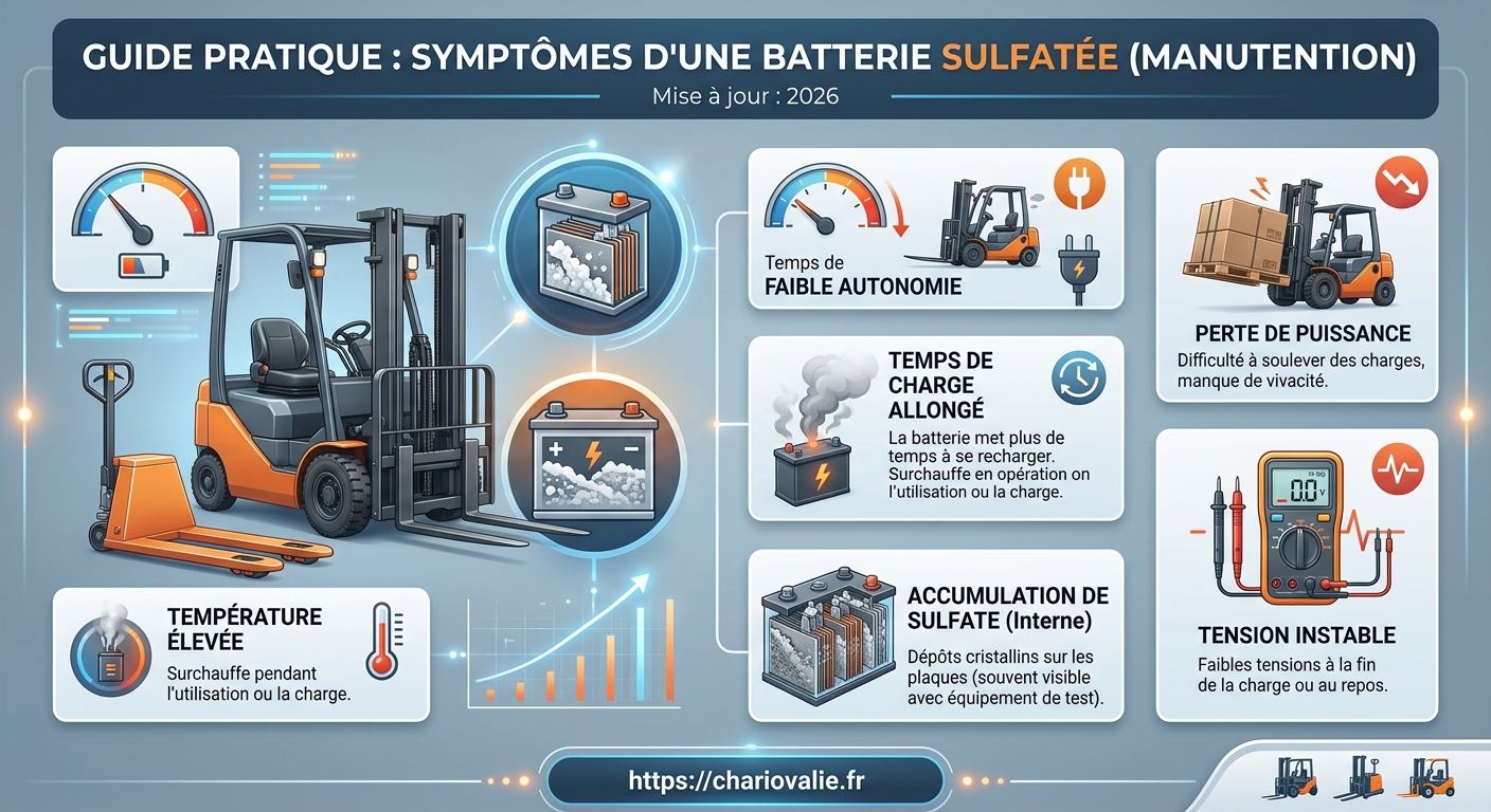 Infographie des symptômes batterie sulfatée manutention en 5 signes 2026