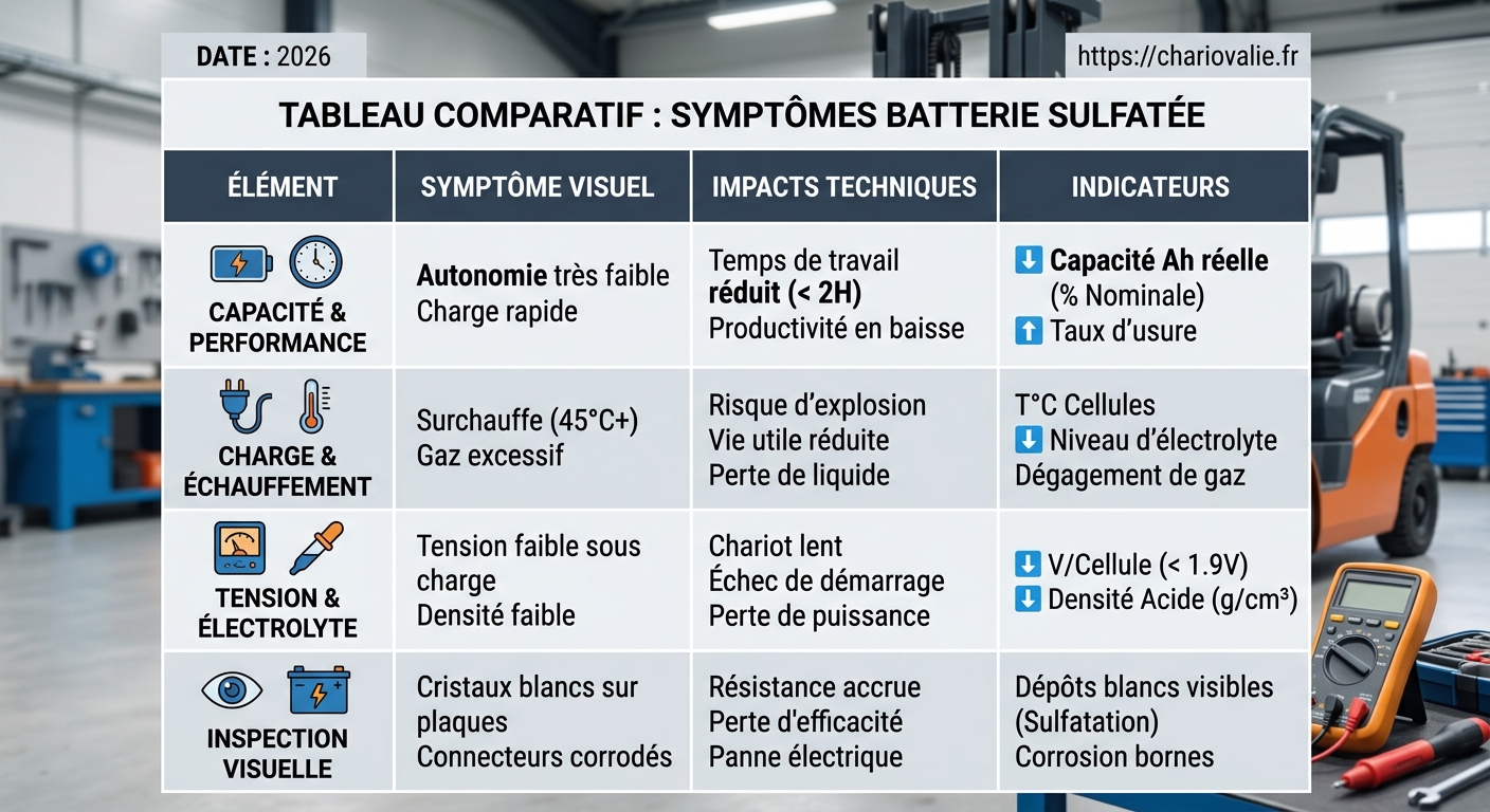Tableau des symptômes batterie sulfatée manutention par stade de dégradation