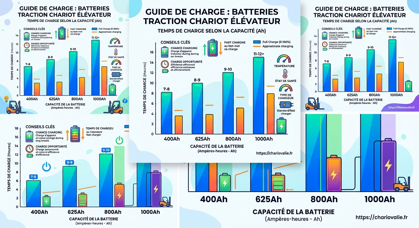 Temps de charge batterie traction selon sa capacité (Ah) 4 Graphique corrélation capacité Ah et temps de charge batterie traction chariot élévateur