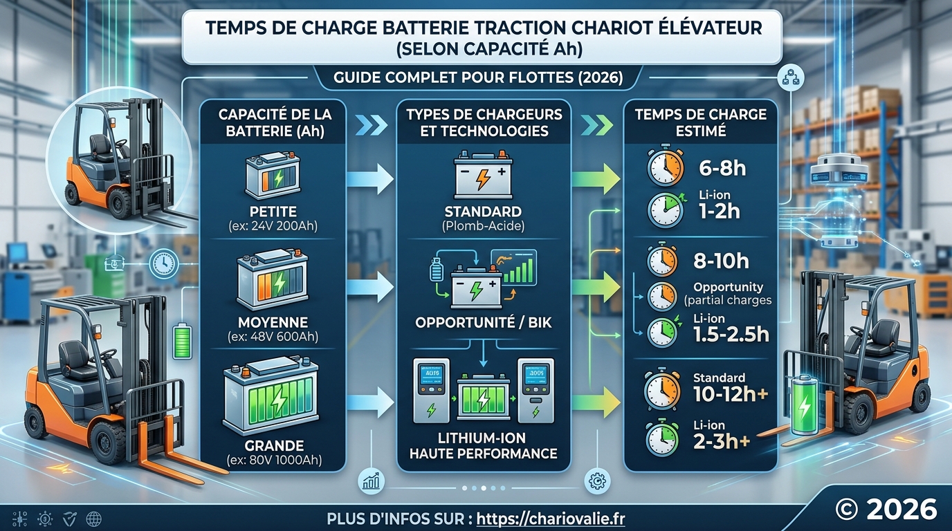 Temps de charge batterie traction selon sa capacité (Ah) 3 Courbe du temps de charge batterie traction chariot élévateur selon capacité en Ah