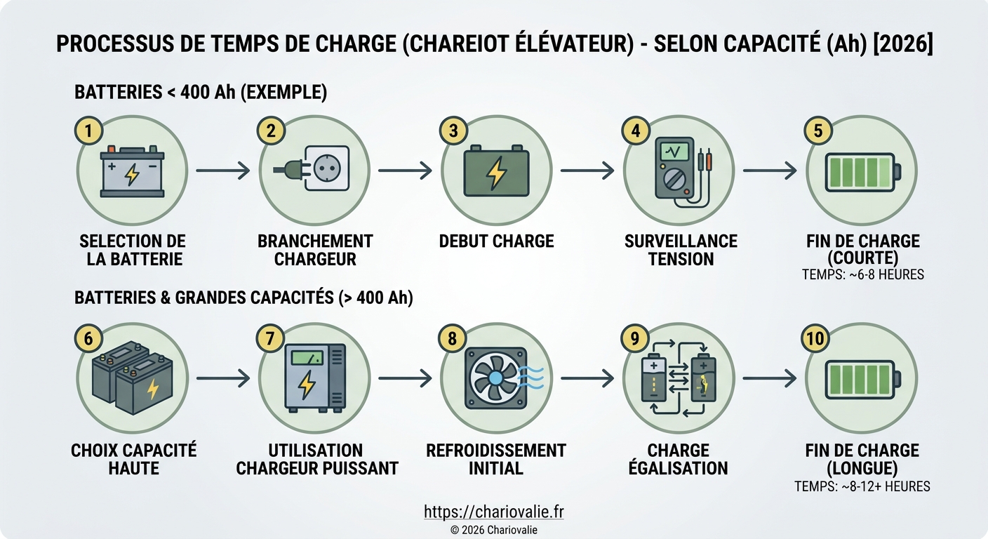 Temps de charge batterie traction selon sa capacité (Ah) 5 Schéma des étapes de calcul du temps de charge batterie traction chariot élévateur