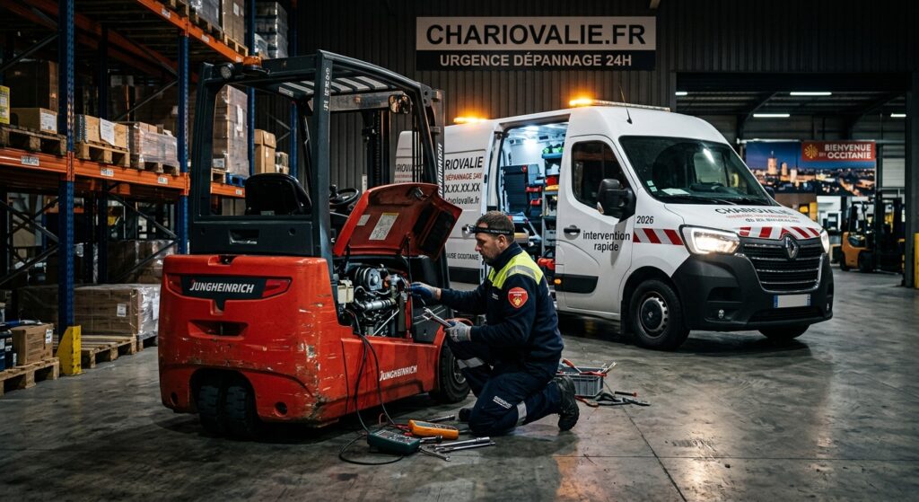 Technicien en intervention rapide sur un chariot élévateur en panne à Toulouse