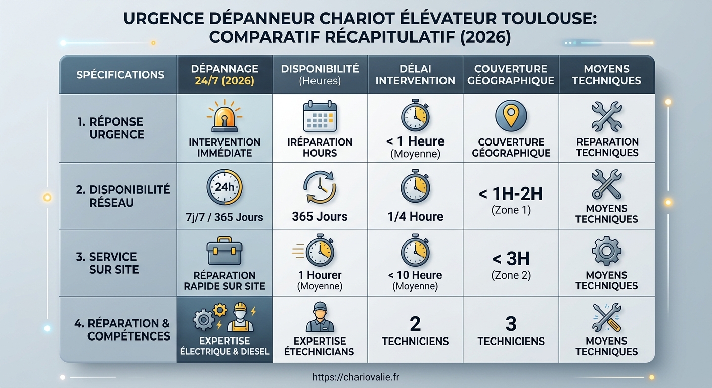 Tableau de synthèse des délais d'intervention d'urgence pour chariots élévateurs à Toulouse