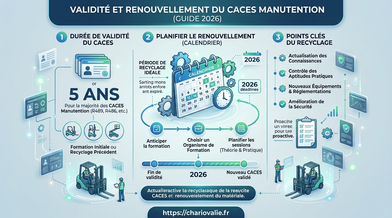 Infographie du cycle de validité CACES manutention et étapes de renouvellement