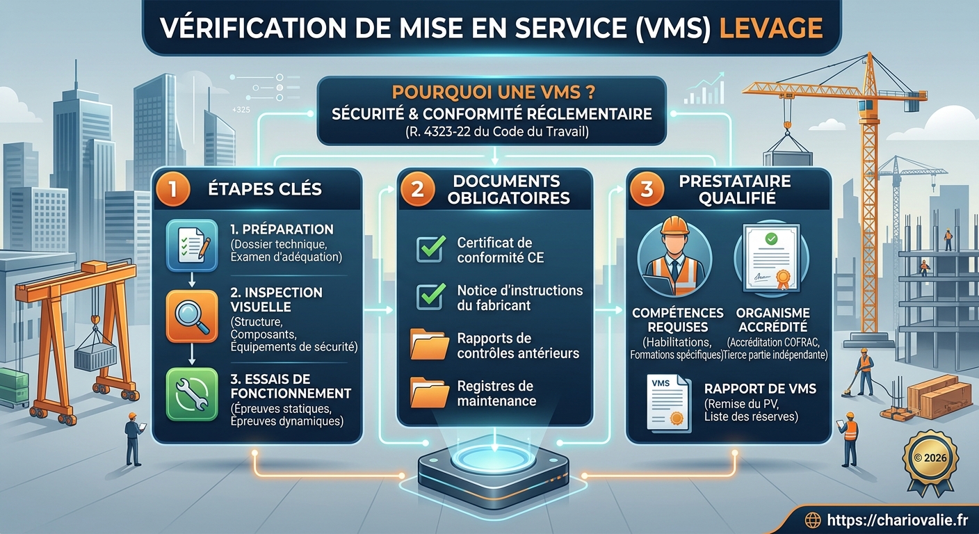 Infographie des étapes de la vérification de mise en service levage et contrôle documentaire